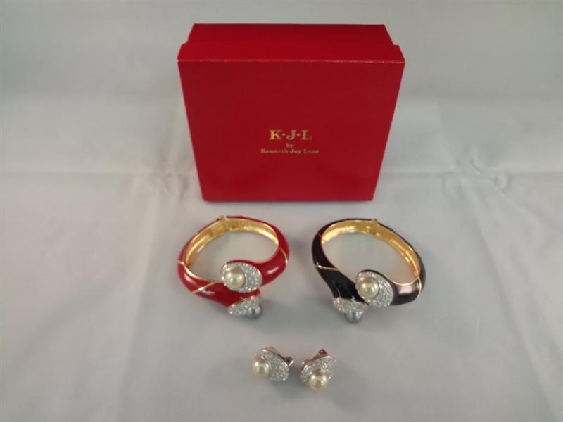 Kenneth Jay Lane (2) Clamper Bracelets with Matching Earrings