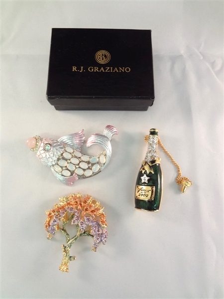 (3) Graziano Brooches Original Boxes: Fish, Tree, Champagne Bottle