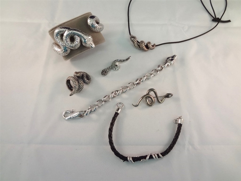 Sterling Silver Snake Jewelry Group: Ring, (3) Bracelets, Brooch, Pendant, Necklace