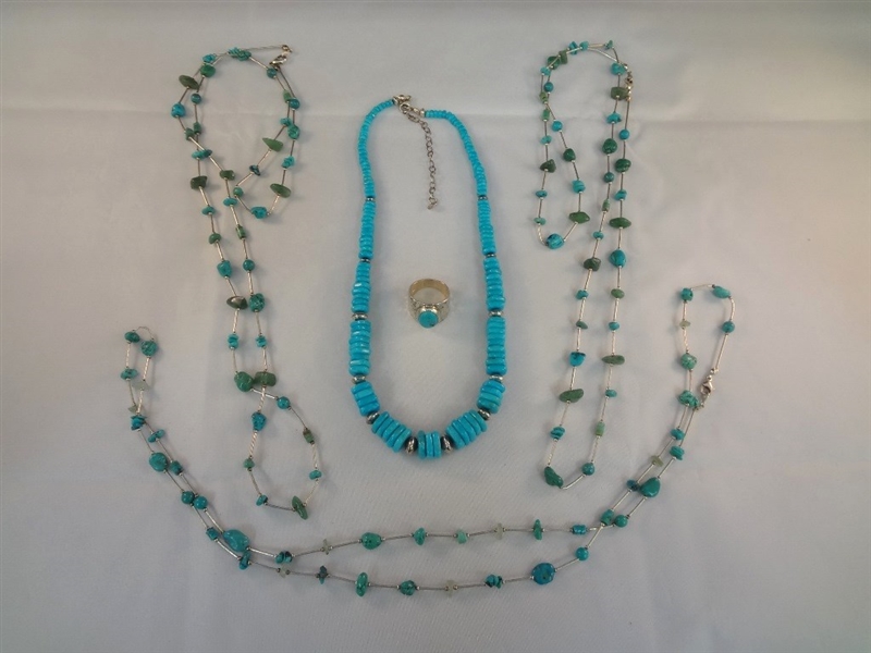 Southwest Sterling Silver And Turquoise Group: (4) necklaces, Ring