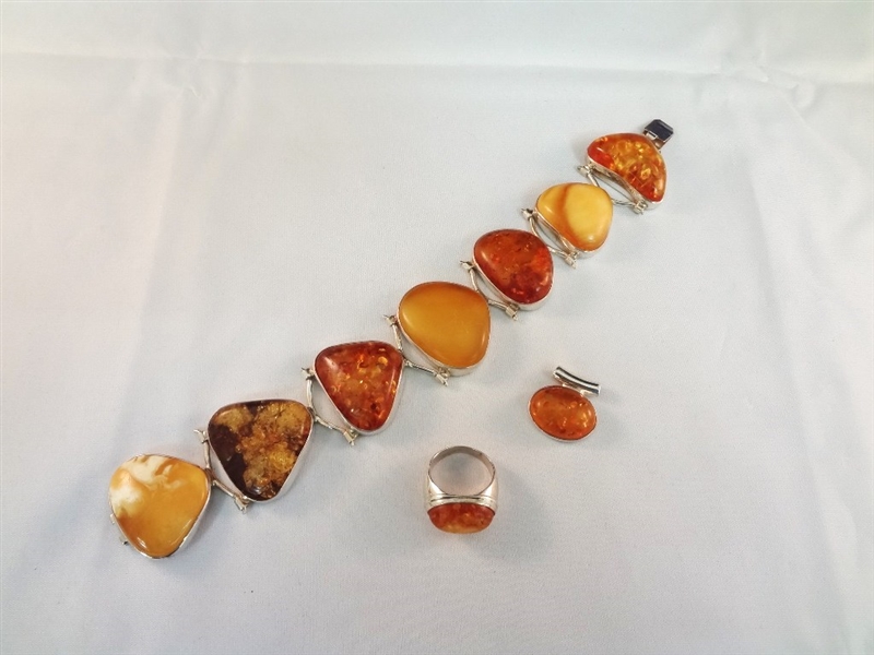 Sterling Silver and Amber Cabochon Jewelry Suite