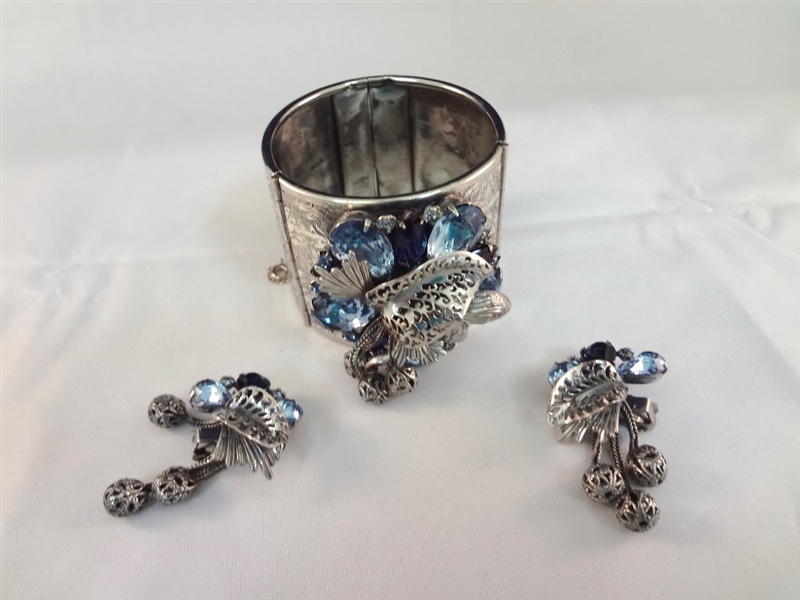 Sterling Silver Victorian Wide Bangle Bracelet and Earring Set with Attached Relief