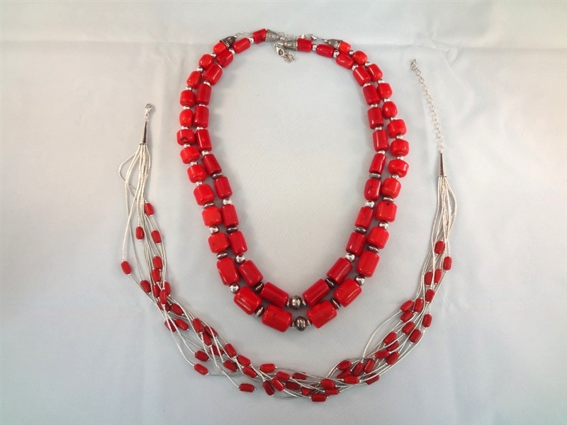 Southwest Sterling Silver and Red Stone Jewelry Group: (2) Necklaces