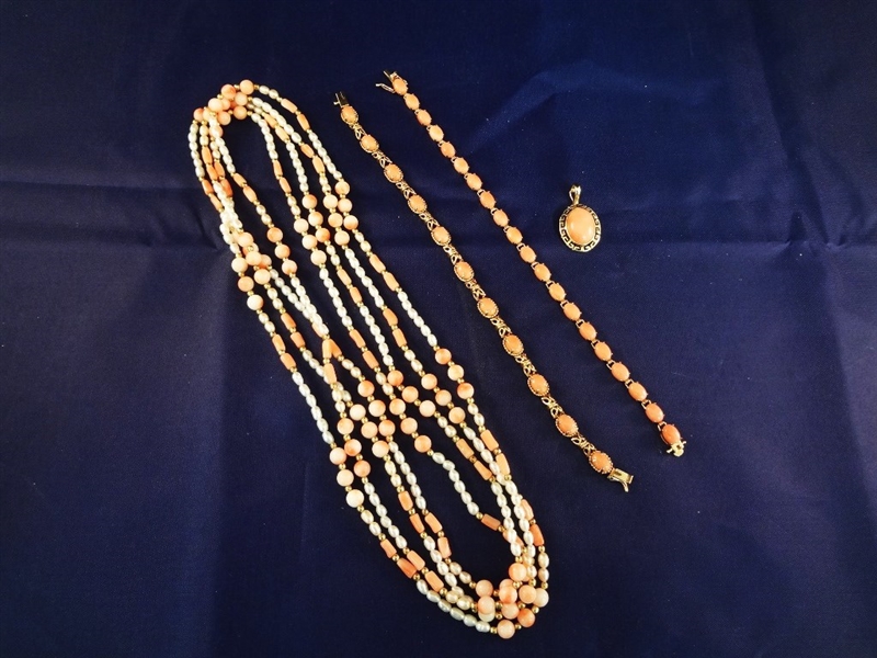 14k Gold Coral Jewelry: (2) Bracelet, Pendant, (2) Necklaces