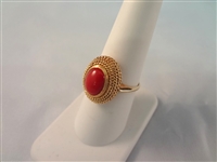 18k Gold and Coral Cabochon Ring Key Fret Pattern