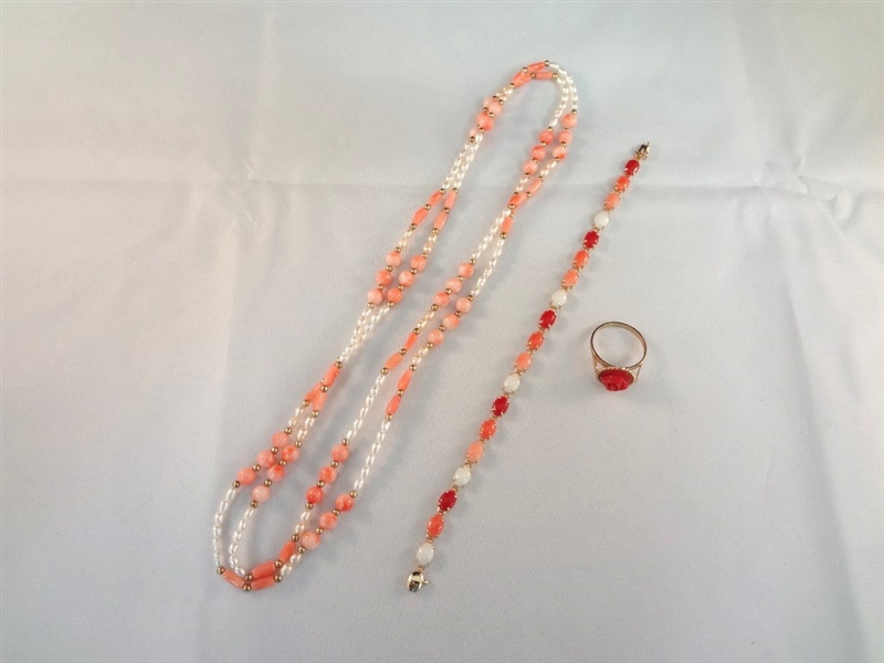 14k Gold and Coral Jewelry Suite: Ring, Bracelet, Necklace
