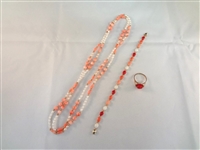 14k Gold and Coral Jewelry Suite: Ring, Bracelet, Necklace