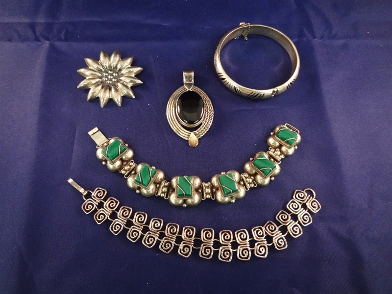Mexican Sterling Silver Pendant, 3 Bracelets