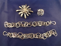 Sterling Silver Group: Brooch, Ring and 2 Bracelets