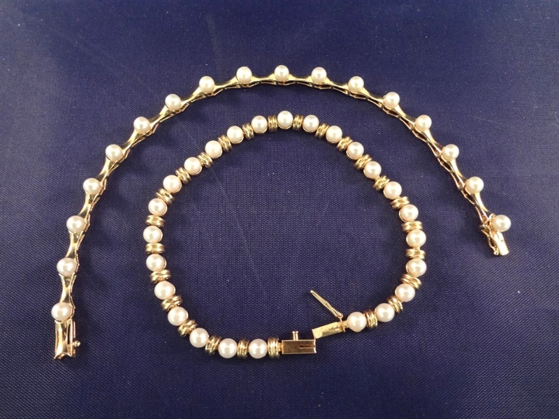 (2) 14k Gold and Pearl Tennis Bracelets