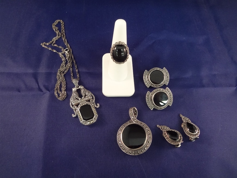 Sterling Silver Art Deco Onyx Jewelry Suite