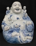 16" Chinese Porcelain Hotoi Buddha w Children Signed