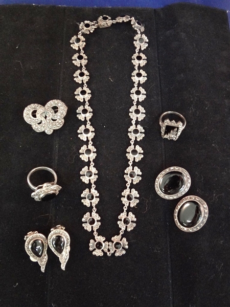 Art Deco Sterling Silver Jewelry Suite: Brooch, Rings, Necklace and Earrings