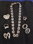 Art Deco Sterling Silver Jewelry Suite: Brooch, Rings, Necklace and Earrings