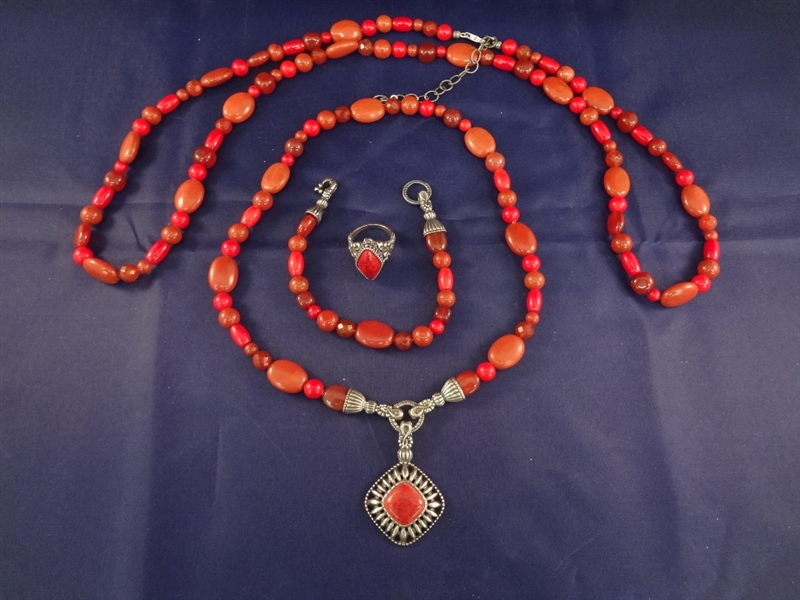 Carolyn Pollack Sterling Silver and Red Stone Ring, Bracelet, Pendant and Necklace Set