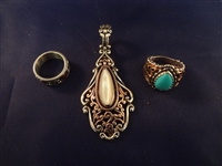 Carolyn Pollack Brass and Sterling Jewelry: (2) Rings, Long Pendant