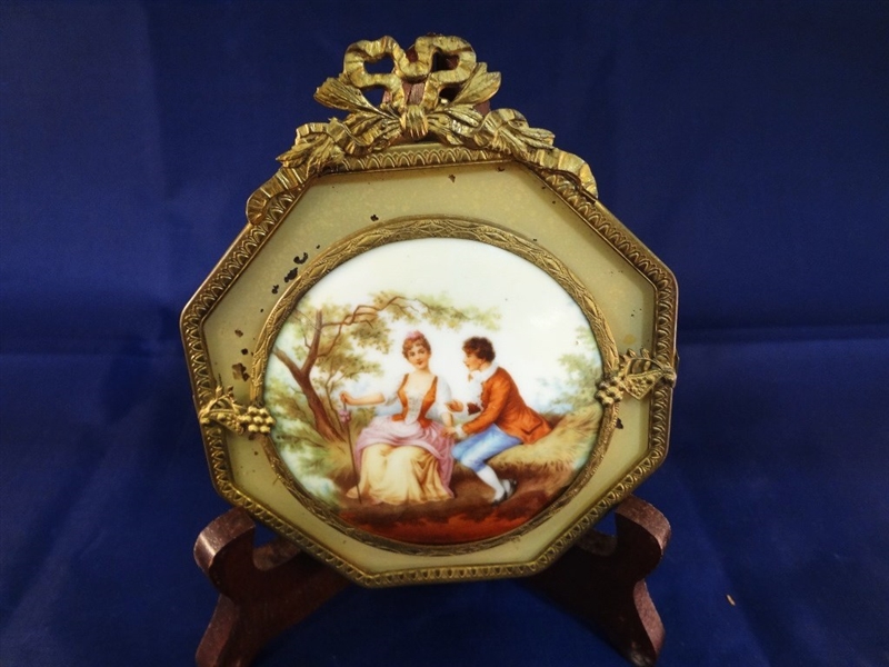 Hand Painted Victorian Porcelain Disk set in Brass Frame