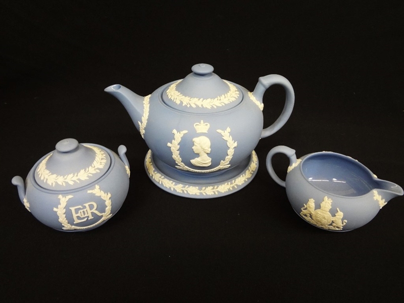 Wedgwood Jasper Blue Tea Pot, Creamer and Sugar Coronation QEII 1953
