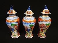 Chinese Garniture Trio of Lidded Urns Foo Dog Finial