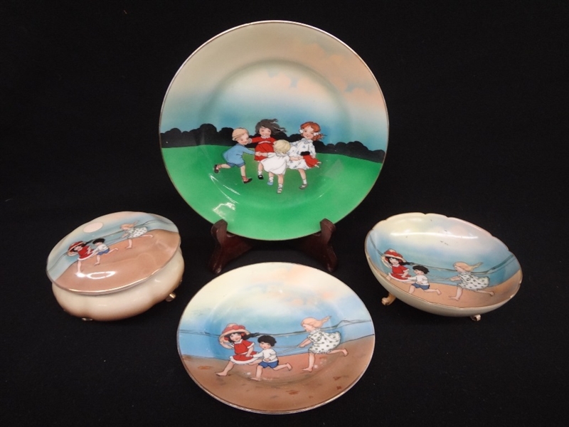 Royal Bayreuth Childrens Series (2) Plates, (1) Footed Bowl, (1) Lidded Jar