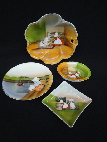 Royal Bayreuth Sunbonnet Girls Scalloped Bowl, Trinket Tray, Square Plate, Round Plate