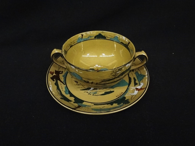 Buffalo Pottery Deldare Pottery 2 Handled Soup Cup and Underplate: "The Fallowfield Hunt"