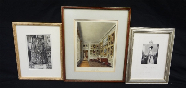 (3) Engravings Queen Elizabeth I  Rogers, Queen Victoria J. Cochran, Queens Closet W.J. Bennett