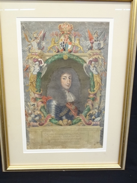 18th Century Hand Colored Engraving Charles II Matted and Framed