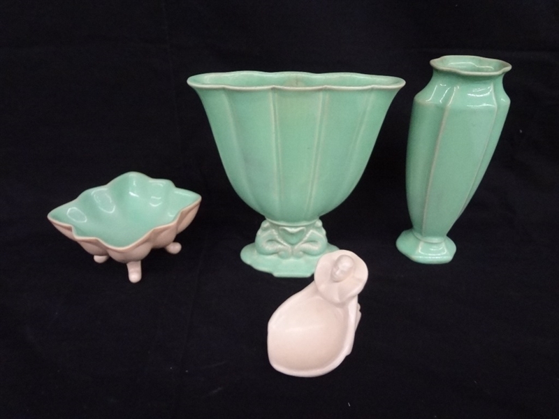 (4) Cowan Pottery Pieces: Sea Horse Fan Vase, Compote, Clown Dish, Bud Vase