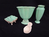 (4) Cowan Pottery Pieces: Sea Horse Fan Vase, Compote, Clown Dish, Bud Vase