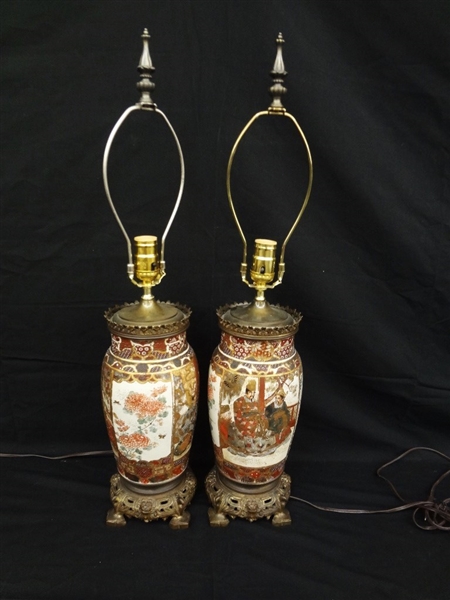 Pair of Japanese Satsuma Lamps Samurai Decoration
