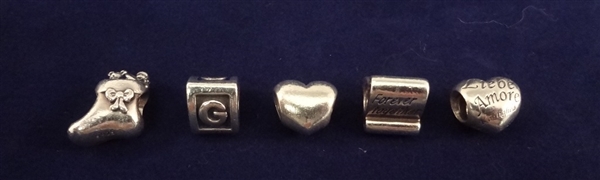 (5) Pandora Sterling Silver Charms: Forever, Stocking, Heart, others