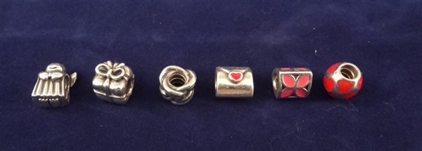 (6) Pandora Sterling Silver Charms: Angel, Gift, Enamel Heart, Envelope, Others