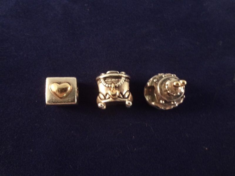 (3) Pandora Sterling Silver and 14k Gold Bracelet Charms