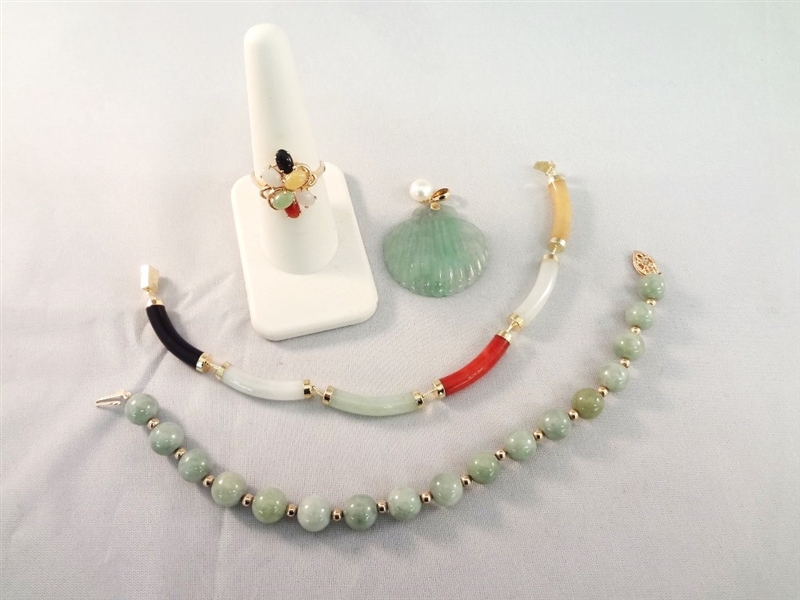 14K Gold and Multi Color Jade Jewelry Suite: Ring, Pendant, (2) Bracelets