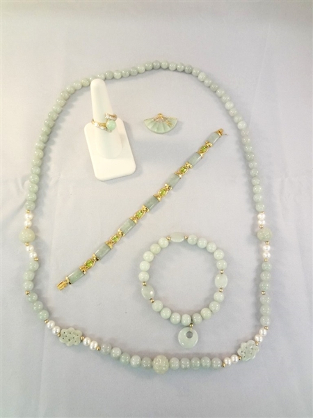 14K Gold and Green Apple Jade Jewelry Suite: Ring, Pendant, (2) Bracelets, Necklace