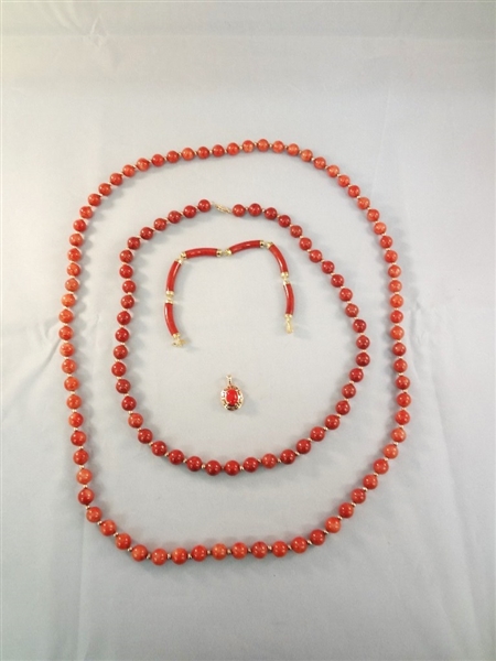 14K Gold Red Jade Jewelry: (2) Necklaces, Bracelet, Pendant