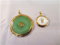 (2) 14k Gold Wrapped Jade Pendants: Dark Green and White