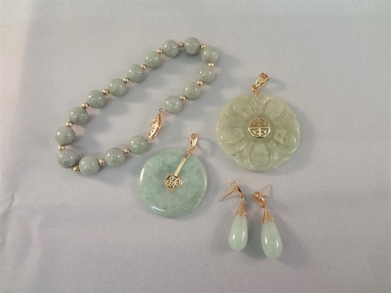 14K Gold and Green Apple Jade Jewelry: Bracelet, (2) Pendants, (1) Earrings