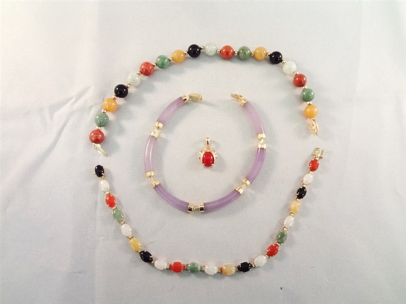 14K Gold and Multi Color Jade Jewelry: (3) Bracelets, (1) Pendant