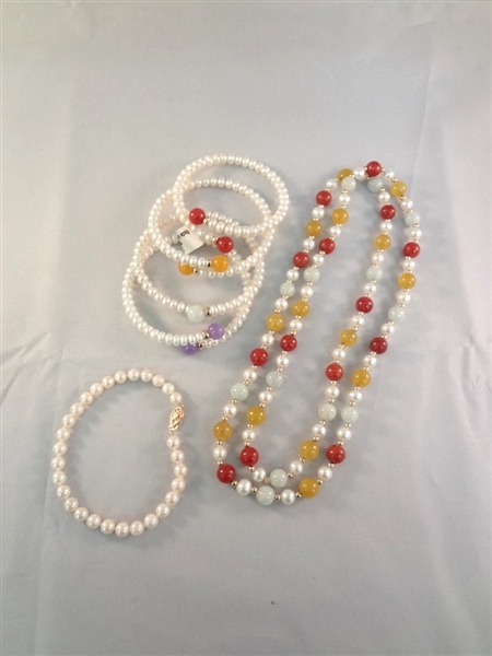 14K Gold and Multi Color Jade Bracelets and Necklace