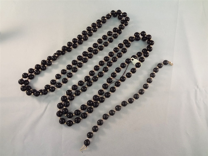14K Gold and Black Jade (2) Necklaces, (1) Bracelet