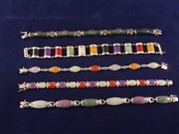 (5) Sterling Silver and Multi Color Jade Bracelets