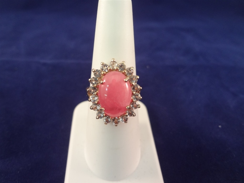 14K Gold Ring with Coral Oval Cabochon