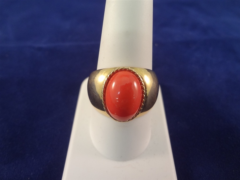 14K Gold Ring with Oval Coral Cabochon