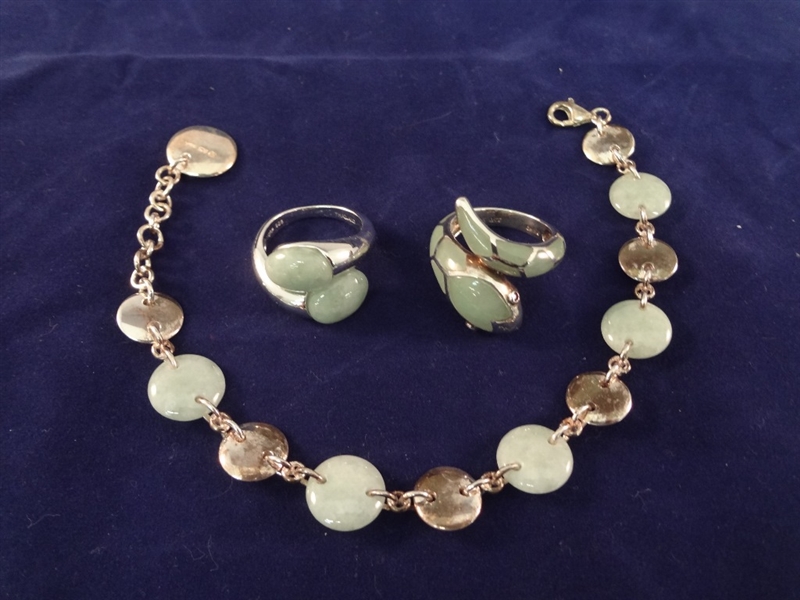 Sterling Silver and Green Apple Jade (2) Rings, Bracelet