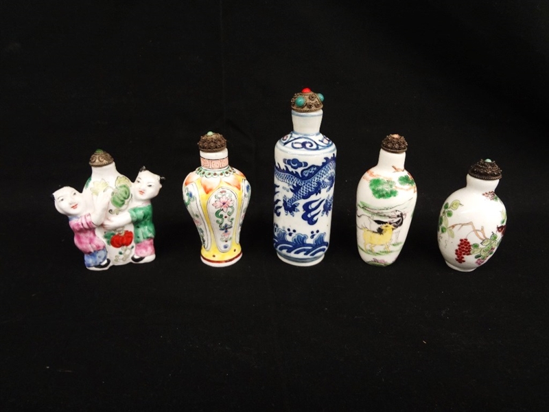 Chinese Group of Five Lidded Snuff Bottles: All Porcelain