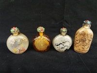 (4) Chinese Snuff Bottles All Etched Glass
