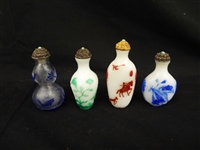 (4) Chinese Snuff Bottles Glass Raised Relief