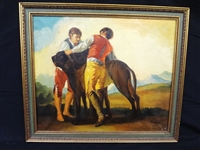 Spanish Oil Painting Signed Granados "Two Young Boys with Dog"
